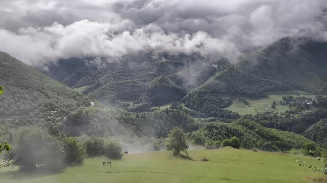 Mist among the green mountains peaks 4K Footage