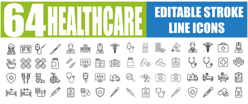Set of 64 Premium Outline Icons for Healthcare, Medical, Medicine and Hospital - Linear Icon Collection with Editable Stroke Vector Illustration - SEO Optimized and Top Ranked on Adobe Stock and Shutt