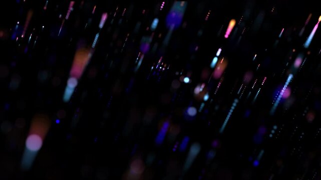 Abstract glowing particles on dark background with soft bokeh effect. Abstract concept of artificial intelligence (AI), big data. Futuristic digital looped 4K animation for technology and time concept