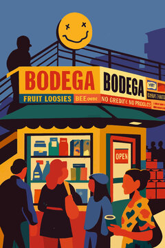 A vibrant and colorful illustration depicts a bustling bodega storefront with people shopping showcasing a dynamic urban street scene with bold geometric shapes