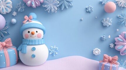 a snowman. christmas decorations with pastel color background