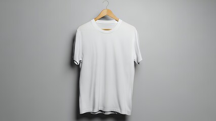 A white t-shirt hangs from a wooden hanger against a plain grey background viewed from the front