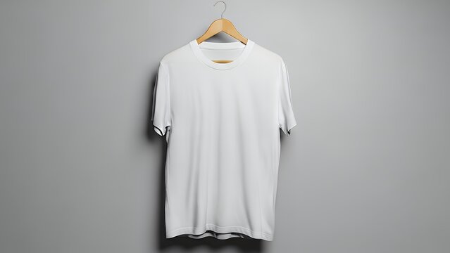 A white t-shirt hangs from a wooden hanger against a plain grey background viewed from the front