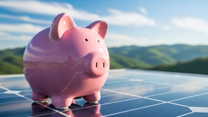 Close-Up of Piggy Bank on Solar Panel, Saving Money Concept