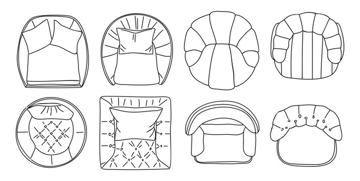 Black and white line art illustration of chair and armchair top view designs, ideal for interior design, architecture, and floor plans.