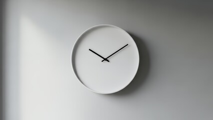A white clock on a wall viewed from a straight angle in a minimalist environment