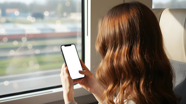 Hand holding mobile smartphone with empty white screen mockup for interface design on train trip with woman looking at view, commuting technology lifestyle for mobile travel app.

