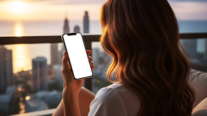 Hand holding mobile phone with blank white mockup screen by woman sitting on luxury balcony overlooking urban city skyline at sunset for travel and brand app presentation display.
