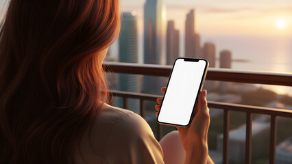 Hand holding mobile phone with blank white mockup screen by woman sitting on balcony facing sunset city skyline and sea for professional travel app and brand presentation display.
