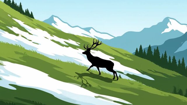 Stag silhouette running on a mountain slope with snow and grass