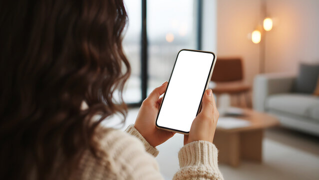 Hand holding mobile phone with empty white screen mockup for application design and UI interface in modern living room with woman on sofa, authentic lifestyle tech for marketing.
