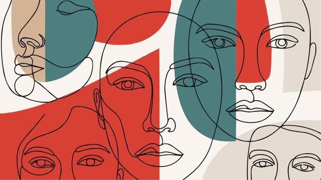 Abstract faces in a colorful geometric composition utilizing line art and bold color blocking techniques creating a modern aesthetic