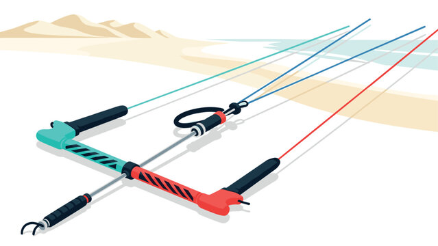 Kite control bar on sandy beach with colorful lines in minimalist style