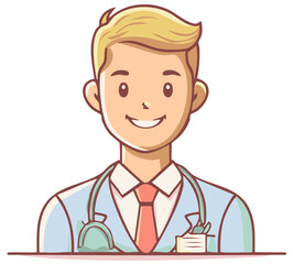 Fototapeta premium Smiling Doctor in Lab Coat with Stethoscope and Name Tag, Medical Professional Illustration