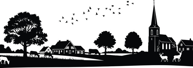 Obraz premium Black and white silhouette of rural village with tree, animals, houses, church, and birds—ideal for countryside themes, nature design, and pastoral artwork.