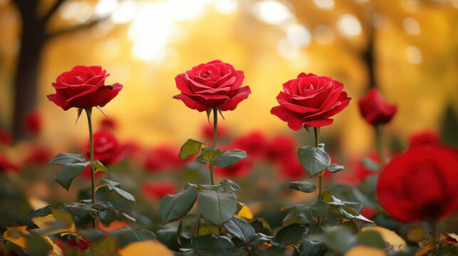 Red rose in garden with autumn bokeh sunlight, vibrant red flower standing tall among green leaves, romantic warm atmosphere and soft background blur - Powered by Adobe