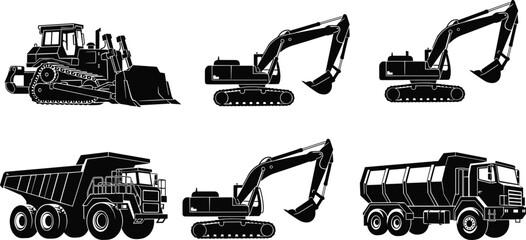 Heavy construction machinery silhouettes set, excavator bulldozer dump truck industrial vehicles, engineering transport equipment icons, isolated black vector illustration © MstAfzalun