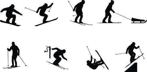 Black silhouette illustration of skiers and snowboarders in dynamic winter sports poses&mdash;ideal for athletic design, motion studies, outdoor recreation, and seasonal sports visuals.