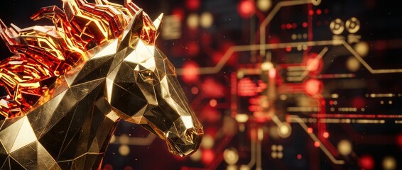 Majestic Golden Low-Poly Horse Head on Digital Circuit Background