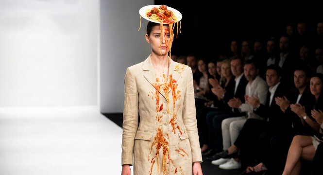On a minimalist catwalk, a model wears a nude-toned gown splashed with dripping spaghetti sauce, the pasta plate perched atop her head like a bizarre haute couture crown.