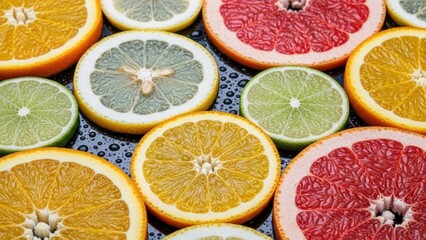 Vibrant citrus slices on wet surface, oranges, limes, and grapefruits