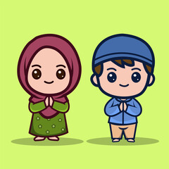 Cute Muslim Boy and Girl Cartoon Illustration with Greeting Gesture