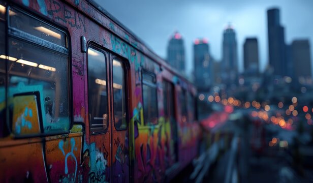 Colorful train car with graffiti travels past city skyline at dusk