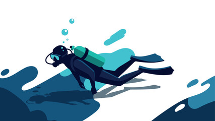 Diver swimming underwater with scuba gear in modern flat design