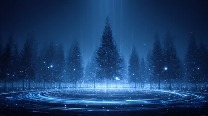 blue background. technology. tree-shaped lines connected to the forest. digital data technology grid in a blue