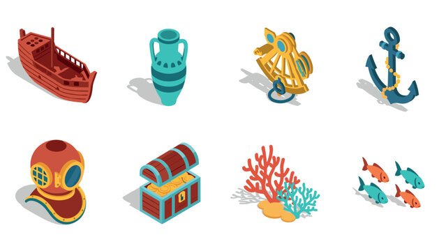 Colorful isometric nautical icons featuring underwater and maritime objects