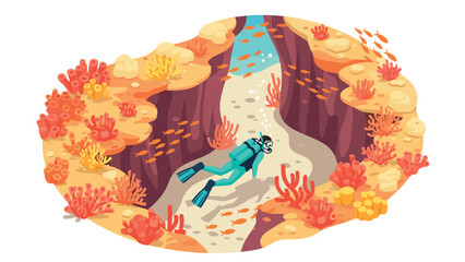 Diver exploring vibrant coral reef in isometric underwater scene with exotic fish