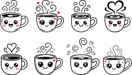 Obraz premium Set of detailed cartoon illustration of an adorable kawaii-style coffee mug with a cheerful smiley face and rosy cheeks silhouettes, cute heart shape design, Cute mug illustration against a white back