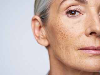 Close-up portrait of a mature woman showcasing her natural skin texture and facial features. Emphasizing beauty and aging gracefully.