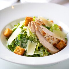 A delicious chicken salad featuring fresh greens, grilled chicken slices, croutons, and parmesan cheese. Perfect for healthy meal options.
