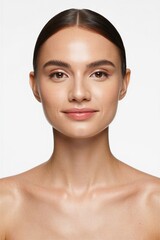 A close-up portrait of a woman showcasing her natural beauty with minimal makeup and glowing skin. Ideal for beauty and skincare concepts.