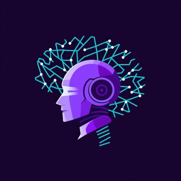 Digital illustration of a purple robot head with abstract neural connections in the background. Artificial intelligence and technology concept.