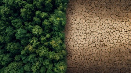 Contrast between dry cracked land and lush green forest. climate change