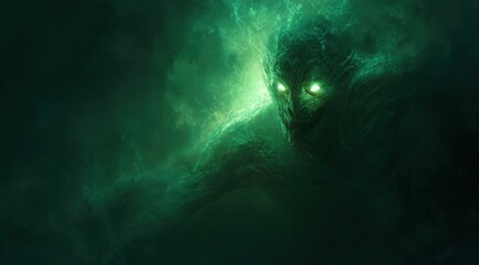 Mysterious spectral figure emerges from ethereal green energy in dark space