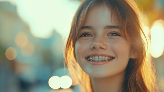 Footage A happy girl with braces smiling directly at the camera