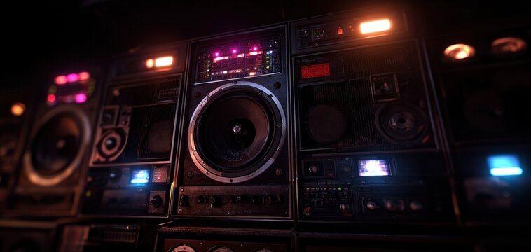 Close up of a vintage audio system with speakers and lights in the dark
