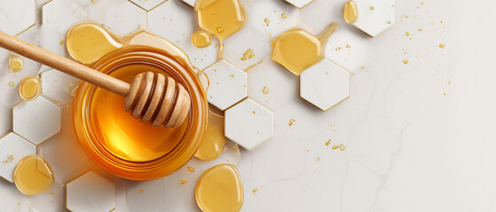 Top view of honey jar and dipper with splashes on white honeycomb marble surface