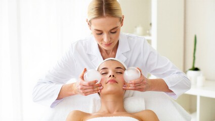 A woman enjoys a relaxing facial treatment with a therapist using massage balls in a serene spa setting. Beauty and relaxation concept.
