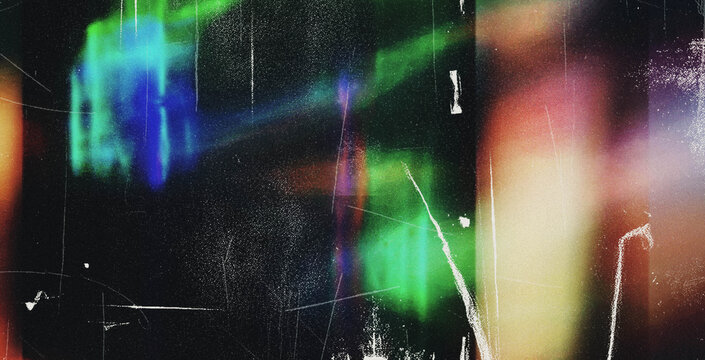 Old film light leaks texture with scratches, noise, iridescent light. Rainbow lens flare effect, camera film filter with bokeh, dust, grain. Distressed retro movie, photo burn effect. 3D vector