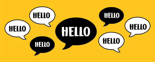 Collection of hello speech bubbles isolated on yellow background