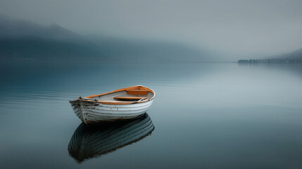 Ai boat floating on still water in early morning with mist and mountains in the background showing nature's quiet beauty