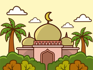 Colorful Cartoon Mosque Illustration with Palm Trees and Clouds Digital Vector Design 