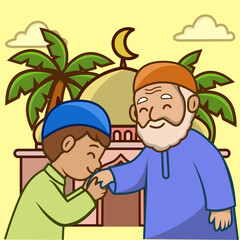 Respectful Young Muslim Boy Greeting Elder Hand Kissing Tradition during Religious Holiday Celebration