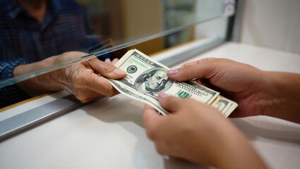 A person handing over a stack of hundred dollar bills to another person through a bank counter. Financial transaction concept.