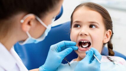 A dentist examines a young girl's teeth during a dental checkup. The child appears calm while sitting in a dental chair, showcasing a professional dental environment.