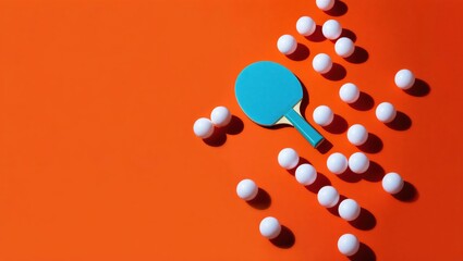 A blue table tennis paddle surrounded by white ping pong balls on a vibrant orange background. Sports equipment and leisure activity.